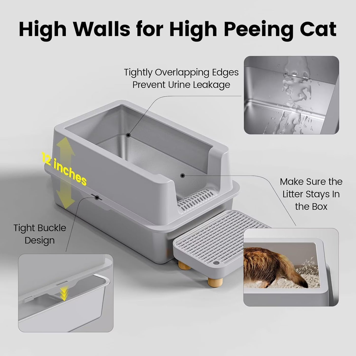 Enclosed Stainless Steel Cat Litter Box with Lid Extra Large Litter Box for Big Cats XL Metal Litter Pan Tray with High Wall Sides Enclosure, Non-Sticky, Anti-Leakage, Easy Cleaning