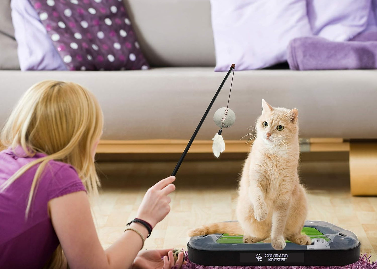 Cat Scratching Toy MLB Colorado Rockies Baseball Field Cat Scratcher Toy with Interactive Cat Ball Bell in Tracks. 5-In-1 CAT Toy: Cat Wand Poll with Catnip Filled Plush Baseball & Feathers.