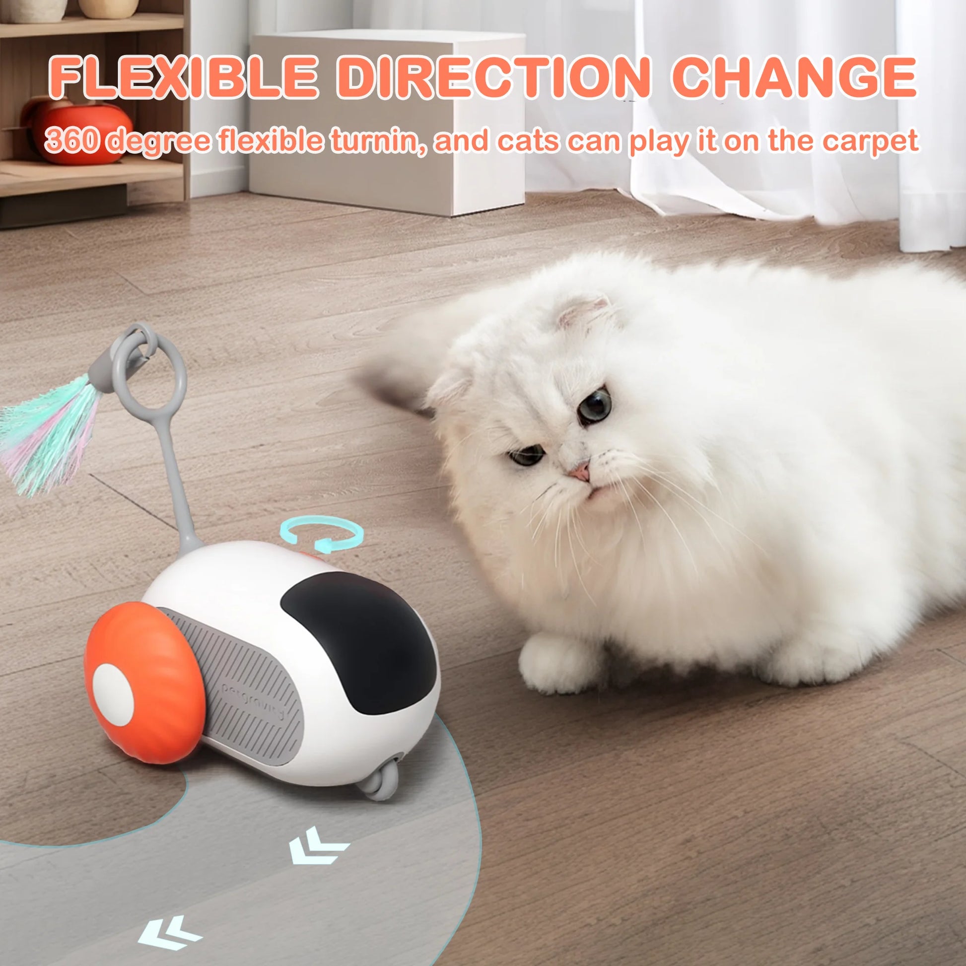 Interactive Cat Toys for Indoor Cats 2-Speed Automatic Moving Remote Control Smart Cat Rechargeable Toy with Feathers, Orange