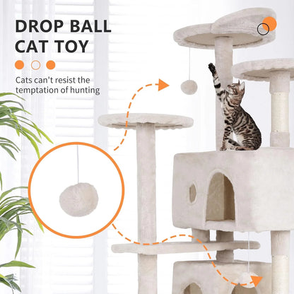 60In Cat Tree Tower, Scratch Posts, Condo, Toys,Perfect for Active Cats,Beige