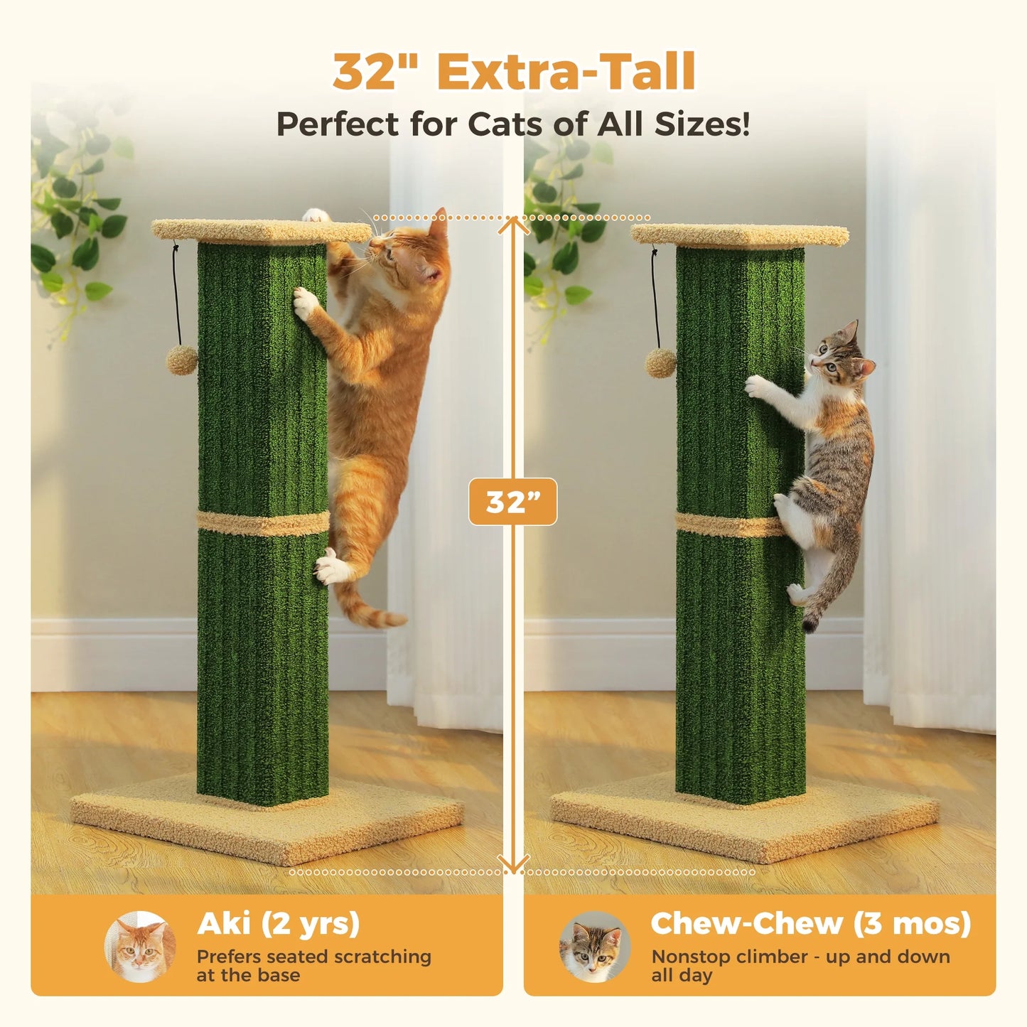32" Tall Cat Scratching Post for Indoor Cats - Durable Cat Scratcher with Wide Base, Green