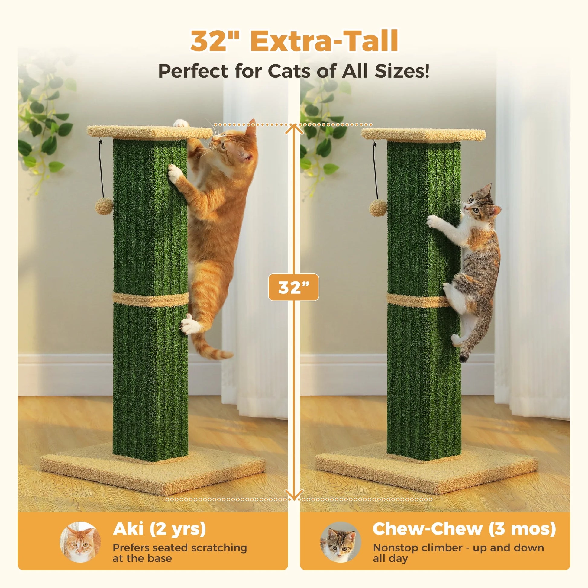 32" Tall Cat Scratching Post for Indoor Cats - Durable Cat Scratcher with Wide Base, Green
