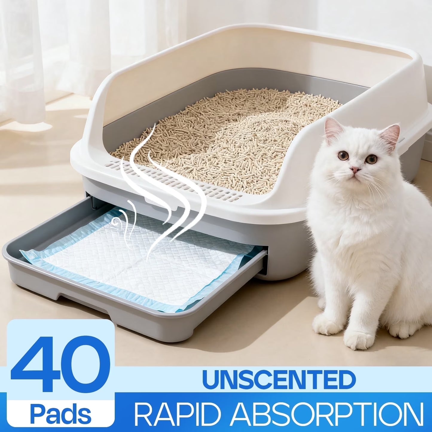 Cat Pads, Unscented, Pee Pads for Cats, Thickened 6-Layer Super Absorbent for Powerful Odor Elimination, 16.9X11.4In, 40 Count