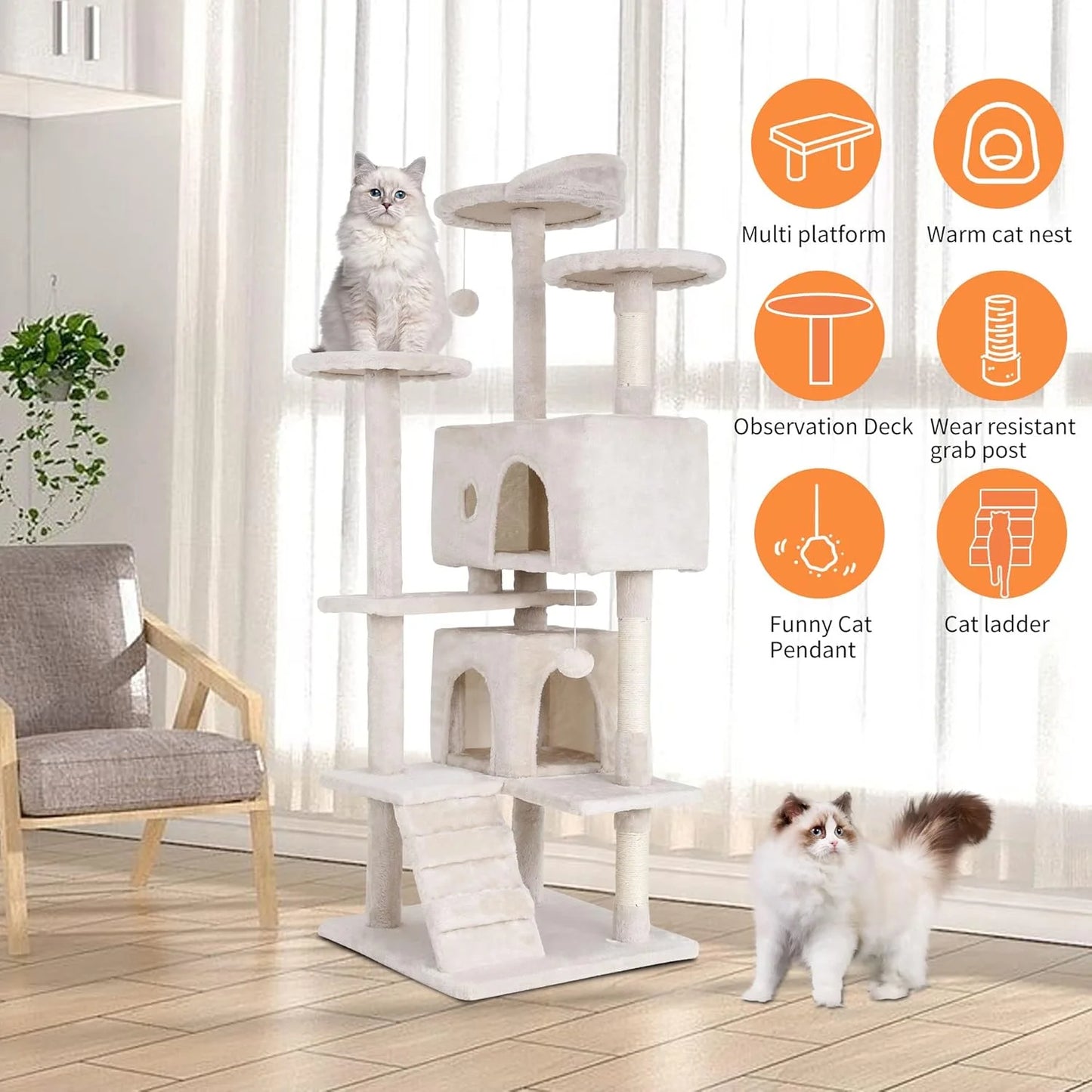 60In Cat Tree Tower, Scratch Posts, Condo, Toys,Perfect for Active Cats,Beige
