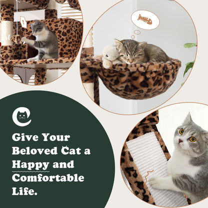 68" X-Large Cat Tree and Tower for Indoor Cats, Condo House with Scratching Board & Thick Posts, Leopard Print