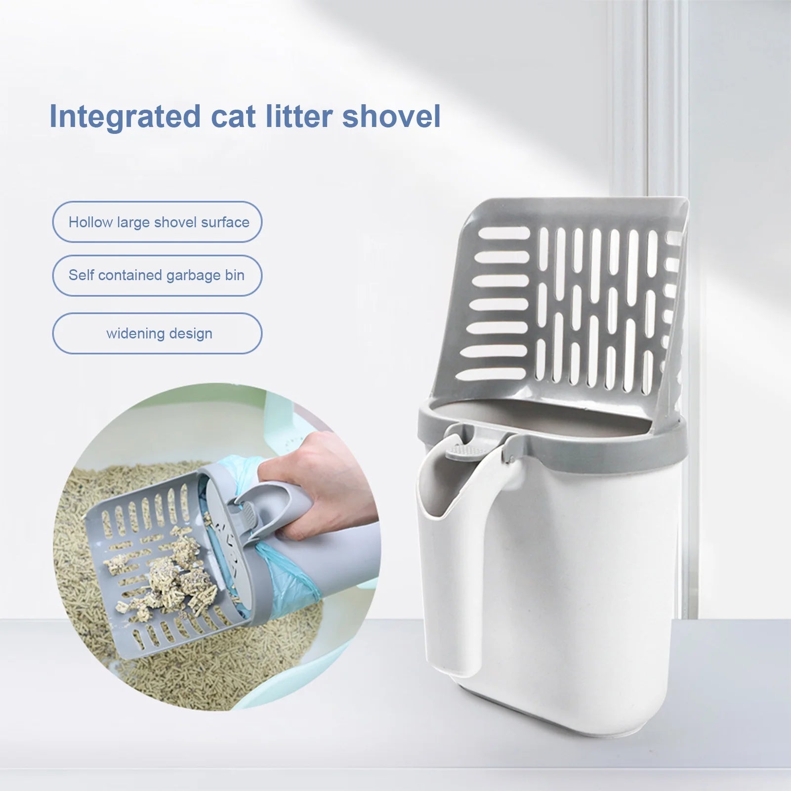 Cat Litter Scoop, Cat Litter Shovel with Trash Container, Removable Cat Litter Scoop Holder, Portable Litter Scooper with Holder Provides Garbage Bags