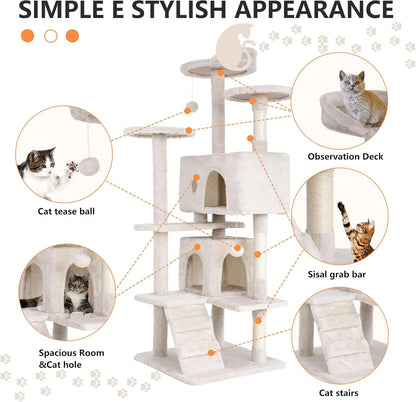 60In Cat Tree Tower, Scratch Posts, Condo, Toys,Perfect for Active Cats,Beige