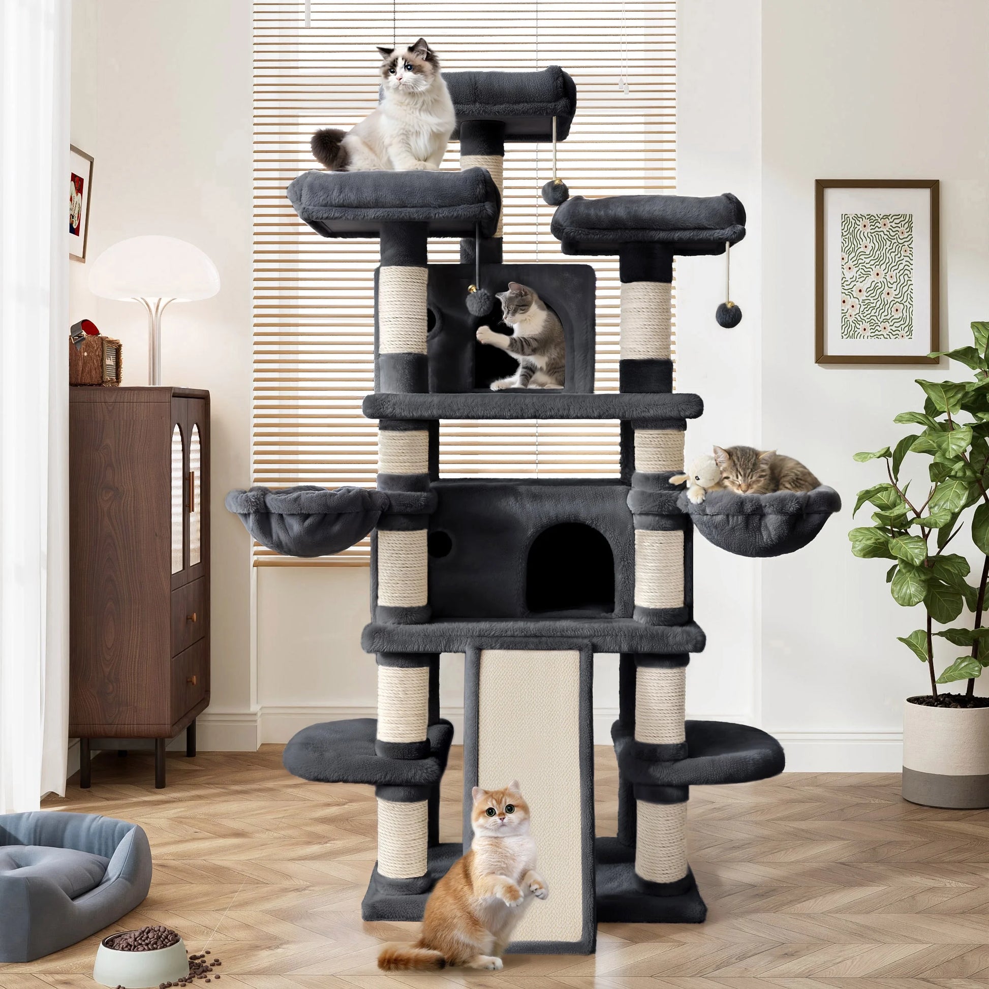 68" X-Large Cat Tree and Tower for Indoor Cats, Condo House with Scratching Board & Thick Posts, Dark Blue