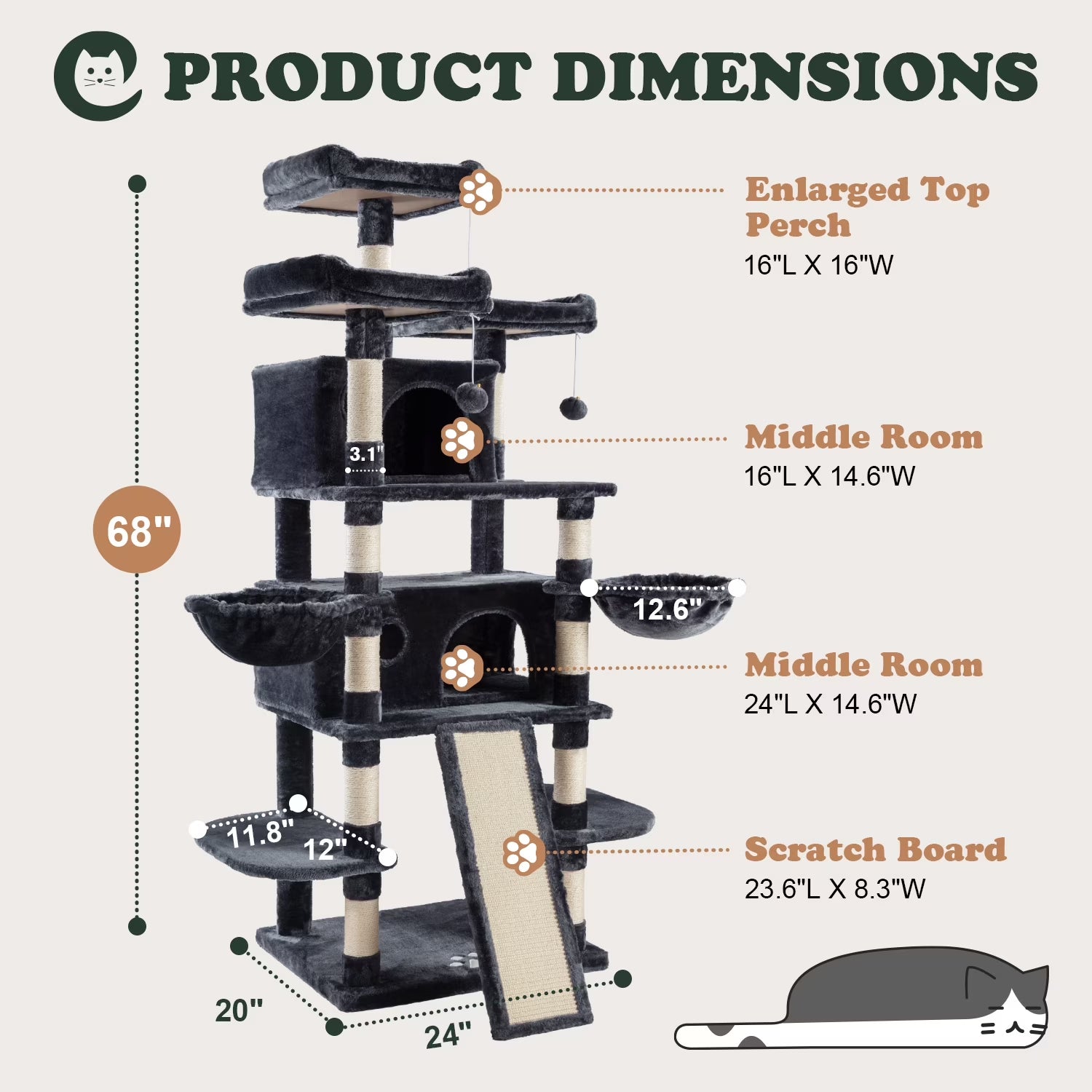 68" X-Large Cat Tree and Tower for Indoor Cats, Condo House with Scratching Board & Thick Posts, Dark Blue