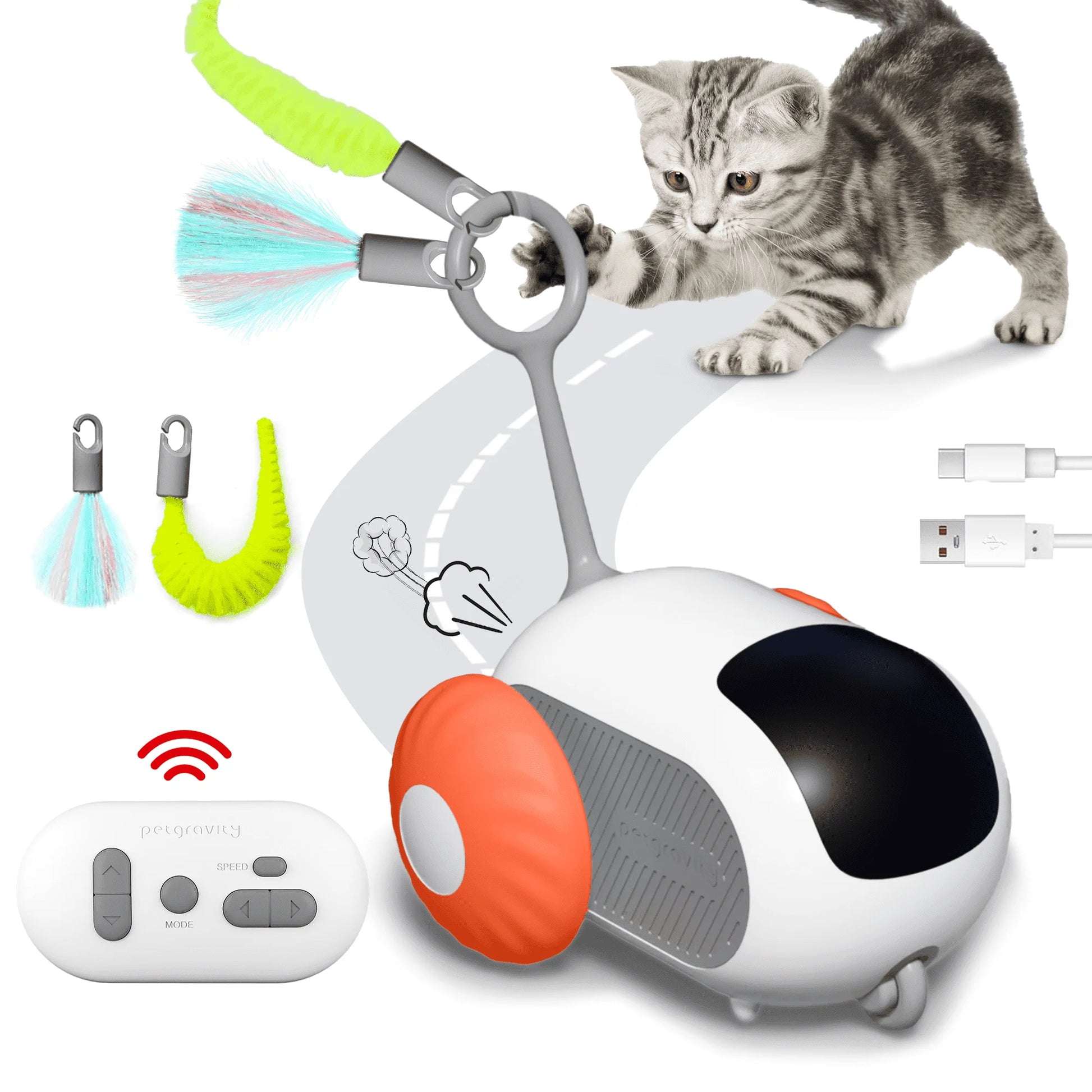 Interactive Cat Toys for Indoor Cats 2-Speed Automatic Moving Remote Control Smart Cat Rechargeable Toy with Feathers, Orange