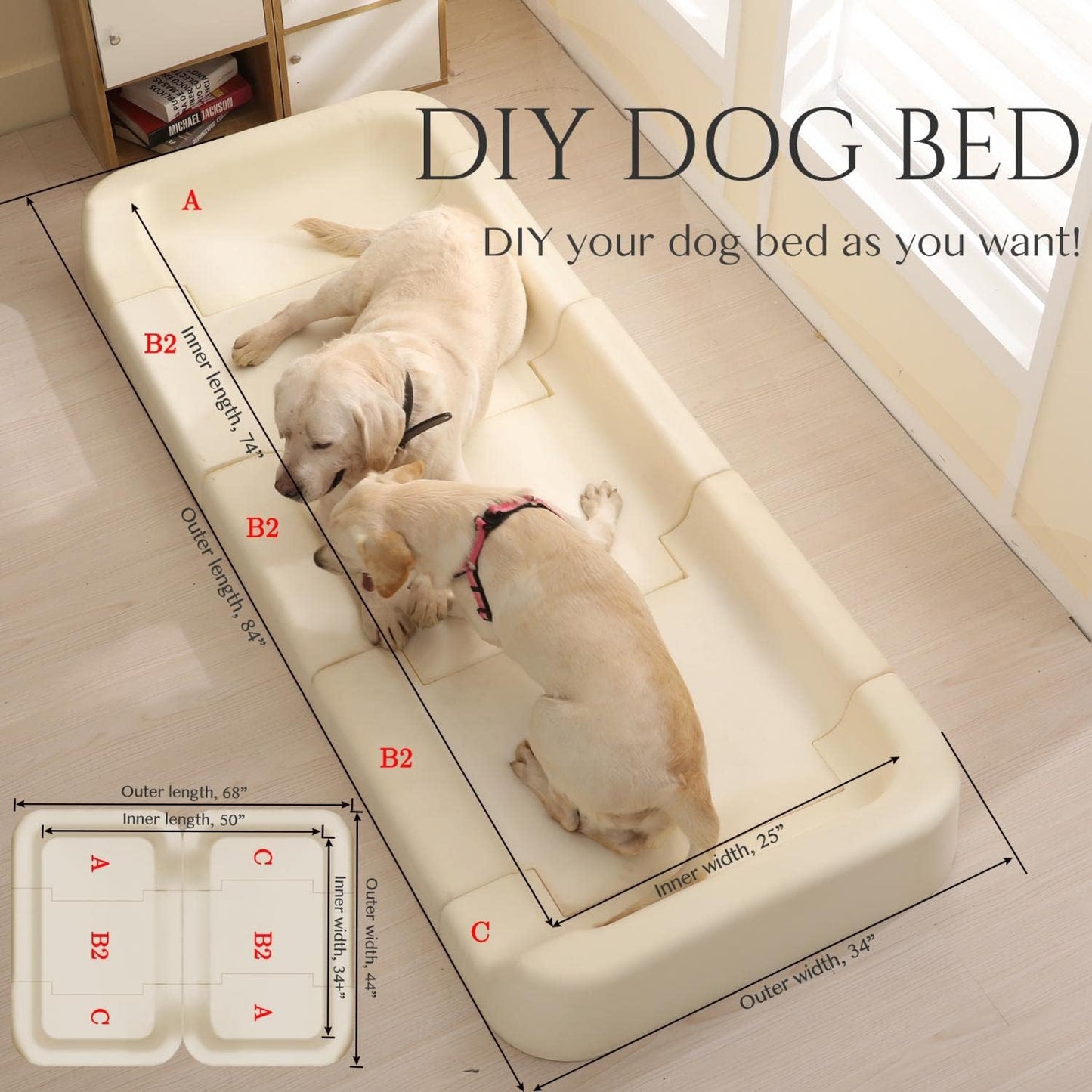 Pawmmy Size Adjustable Dog Bed, Orthopedic Dog Bed with Certipur-Us Foam, Waterproof Dog Bed with Removable Cover, Thick Dog Couch with 3 Side Bolsters for Jumbo Dog, Medium Dog and Large Dog