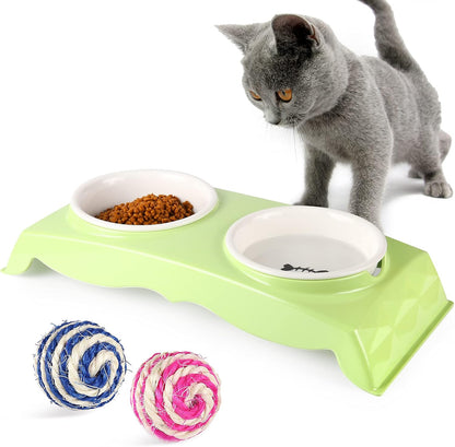 Elevated Cat Bowls Food and Water Bowl Set with 2 Cat Toy Balls for Cats & Small Dogs Pet Double Bowls Spill Proof Stress Free Feeding Pet Dish ，Dishwasher and Microwave Safe (Green)