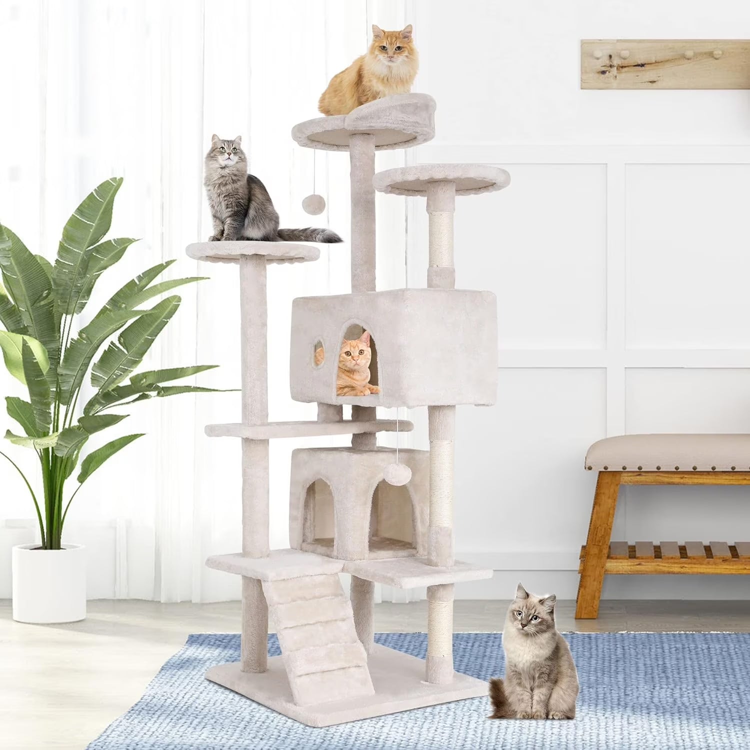 60In Cat Tree Tower, Scratch Posts, Condo, Toys,Perfect for Active Cats,Beige