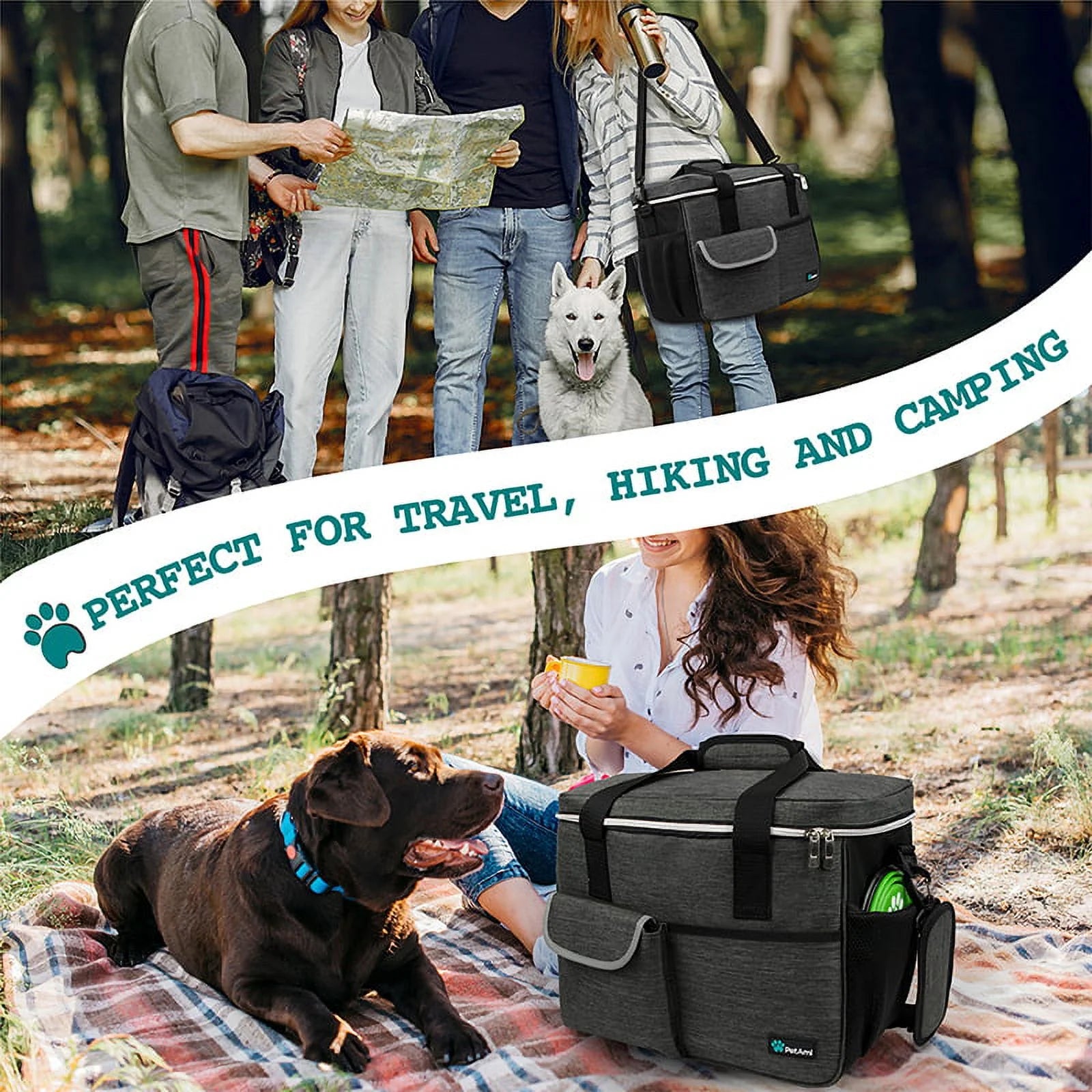 Dog Travel Bag, Travel Pet Bag Organizer, Dog Food Travel Bag with Food Container and Bowls, Dog Travel Supplies Gift Accessories for Weekend Camping, Dog Cat Diaper Bag (Charcoal, Large)