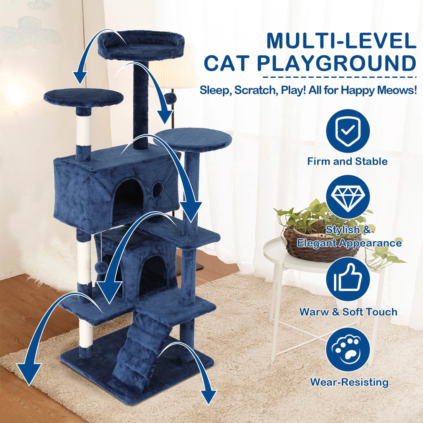 54In Cat Tree Tower for Large Cats, Cat Climbing Tower Cat Scratching Tree with Cat Scratching Stand, Big Cat Tree House Funny Toys for Kittens Pet(Navy Blue)