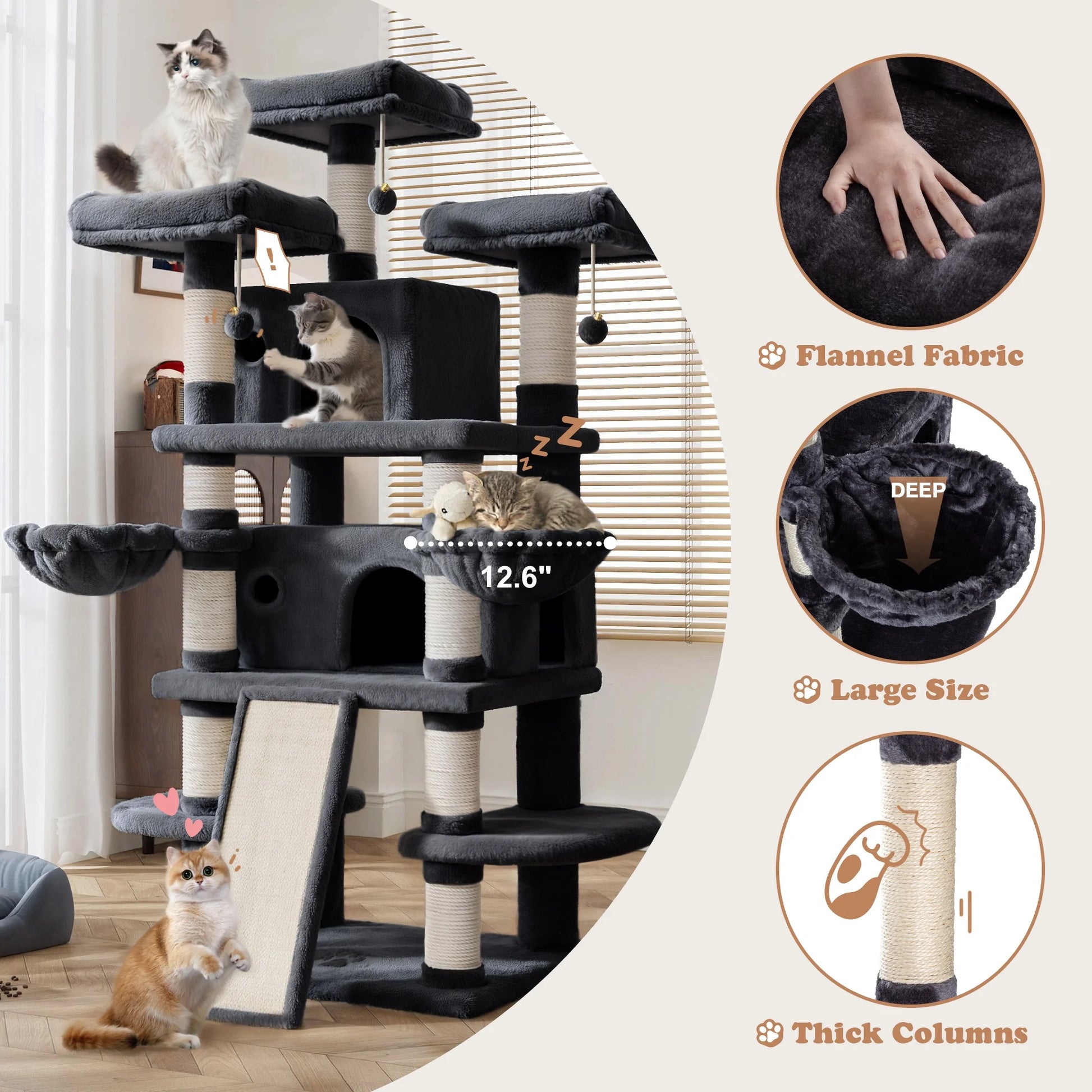 68" X-Large Cat Tree and Tower for Indoor Cats, Condo House with Scratching Board & Thick Posts, Dark Blue