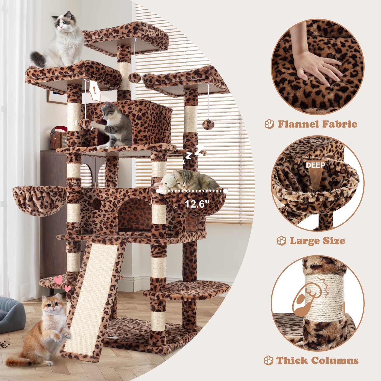 68" X-Large Cat Tree and Tower for Indoor Cats, Condo House with Scratching Board & Thick Posts, Leopard Print