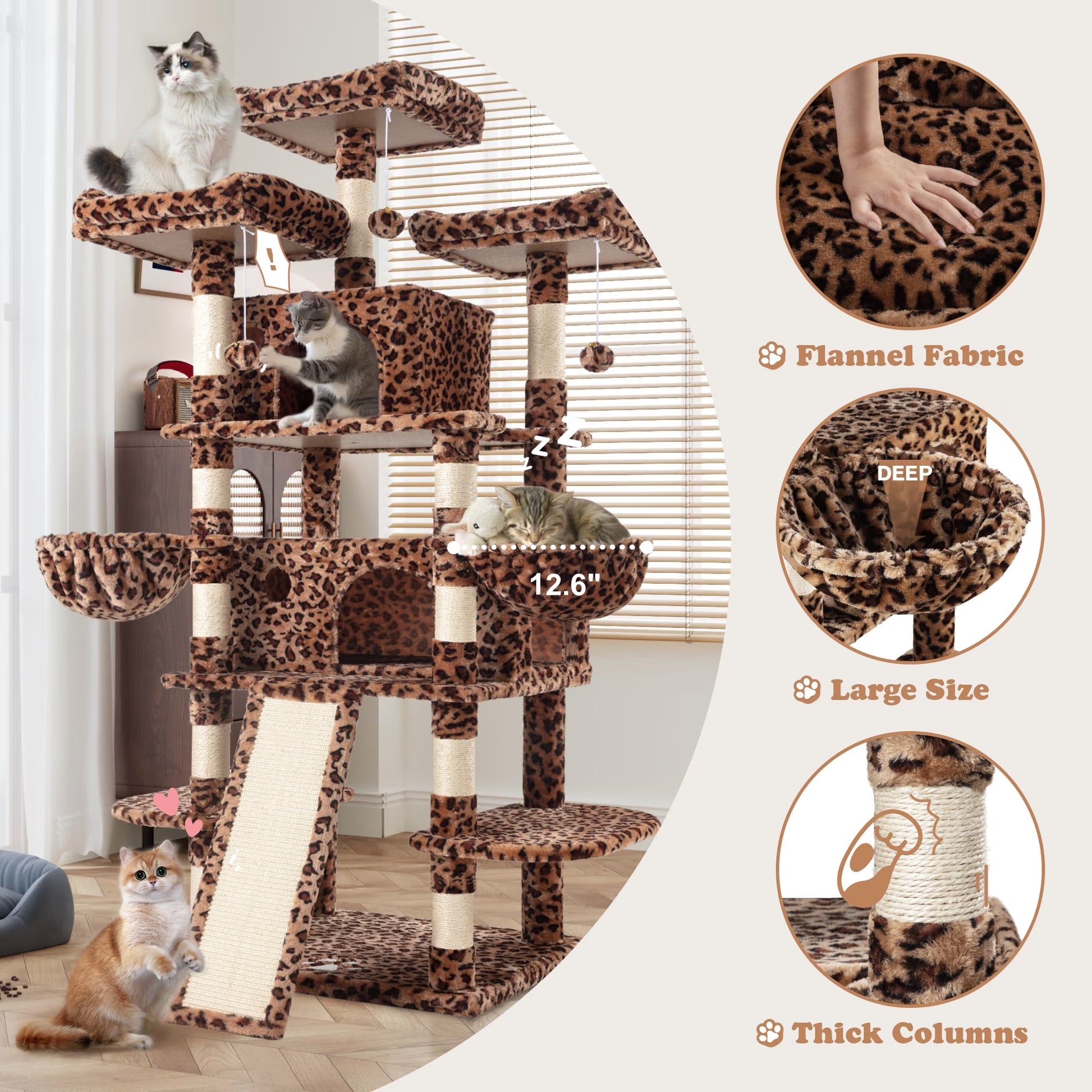 68" X-Large Cat Tree and Tower for Indoor Cats, Condo House with Scratching Board & Thick Posts, Leopard Print
