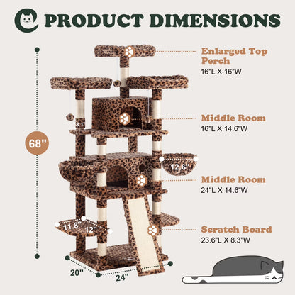 68" X-Large Cat Tree and Tower for Indoor Cats, Condo House with Scratching Board & Thick Posts, Leopard Print