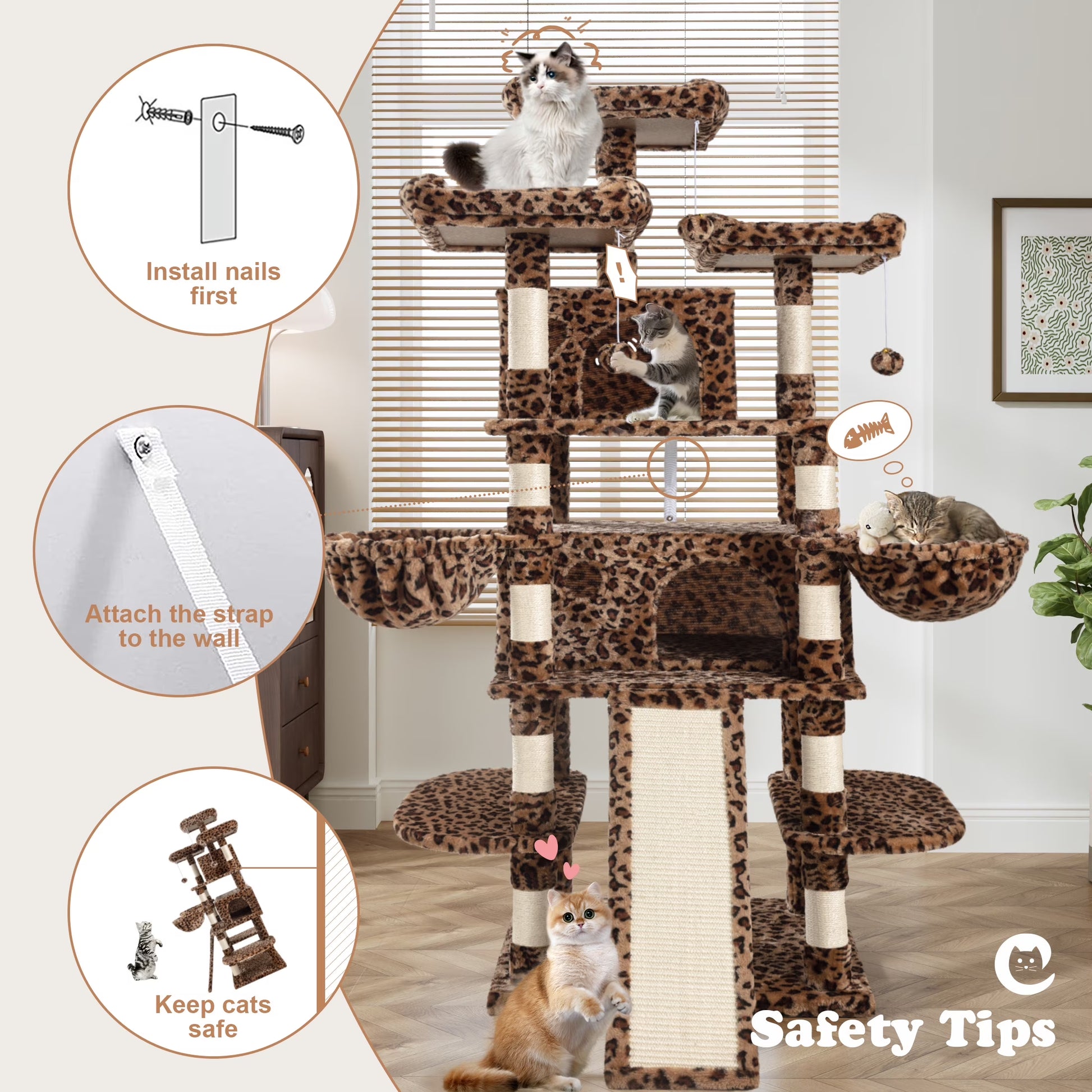 68" X-Large Cat Tree and Tower for Indoor Cats, Condo House with Scratching Board & Thick Posts, Leopard Print