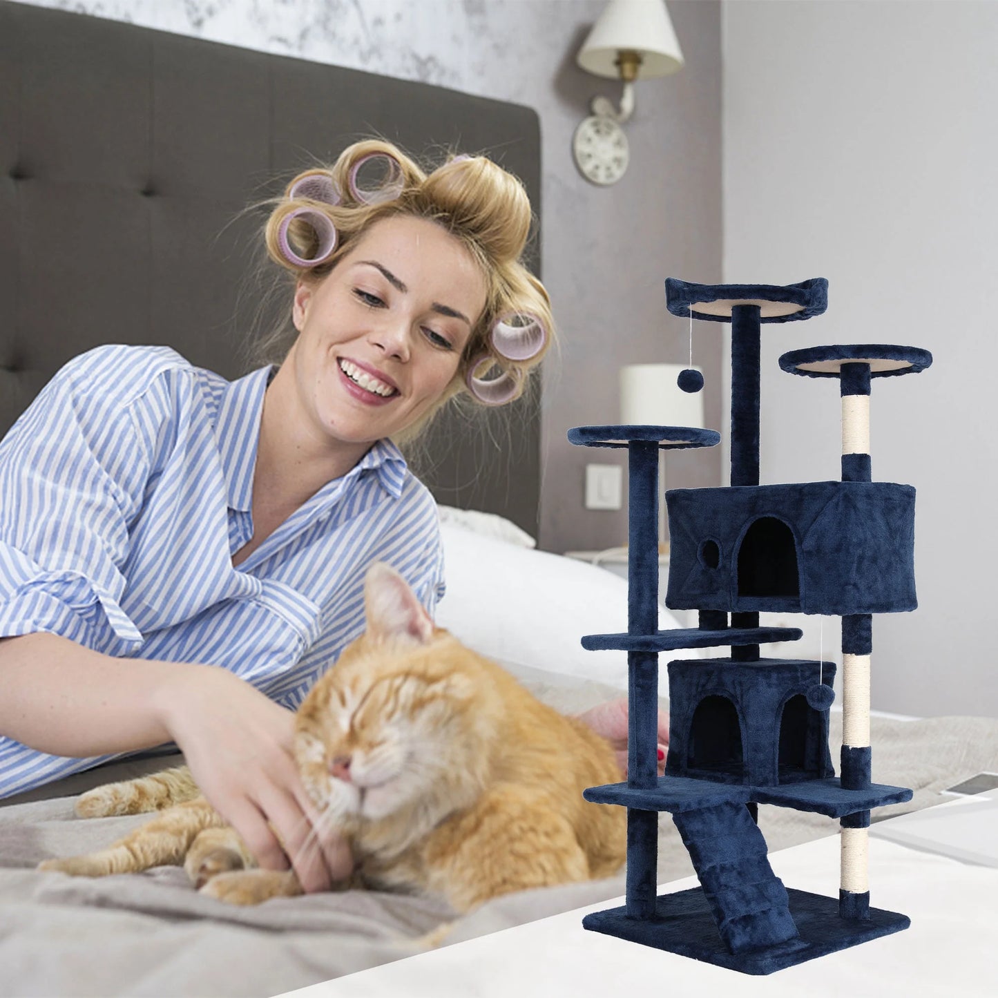 54In Cat Tree Tower for Large Cats, Cat Climbing Tower Cat Scratching Tree with Cat Scratching Stand, Big Cat Tree House Funny Toys for Kittens Pet(Navy Blue)