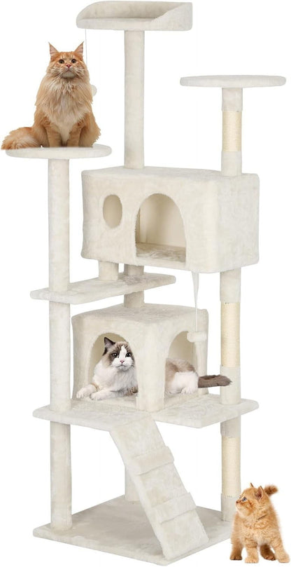 60In Cat Tree Tower, Scratch Posts, Condo, Toys,Perfect for Active Cats,Beige