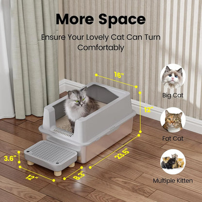 Enclosed Stainless Steel Cat Litter Box with Lid Extra Large Litter Box for Big Cats XL Metal Litter Pan Tray with High Wall Sides Enclosure, Non-Sticky, Anti-Leakage, Easy Cleaning