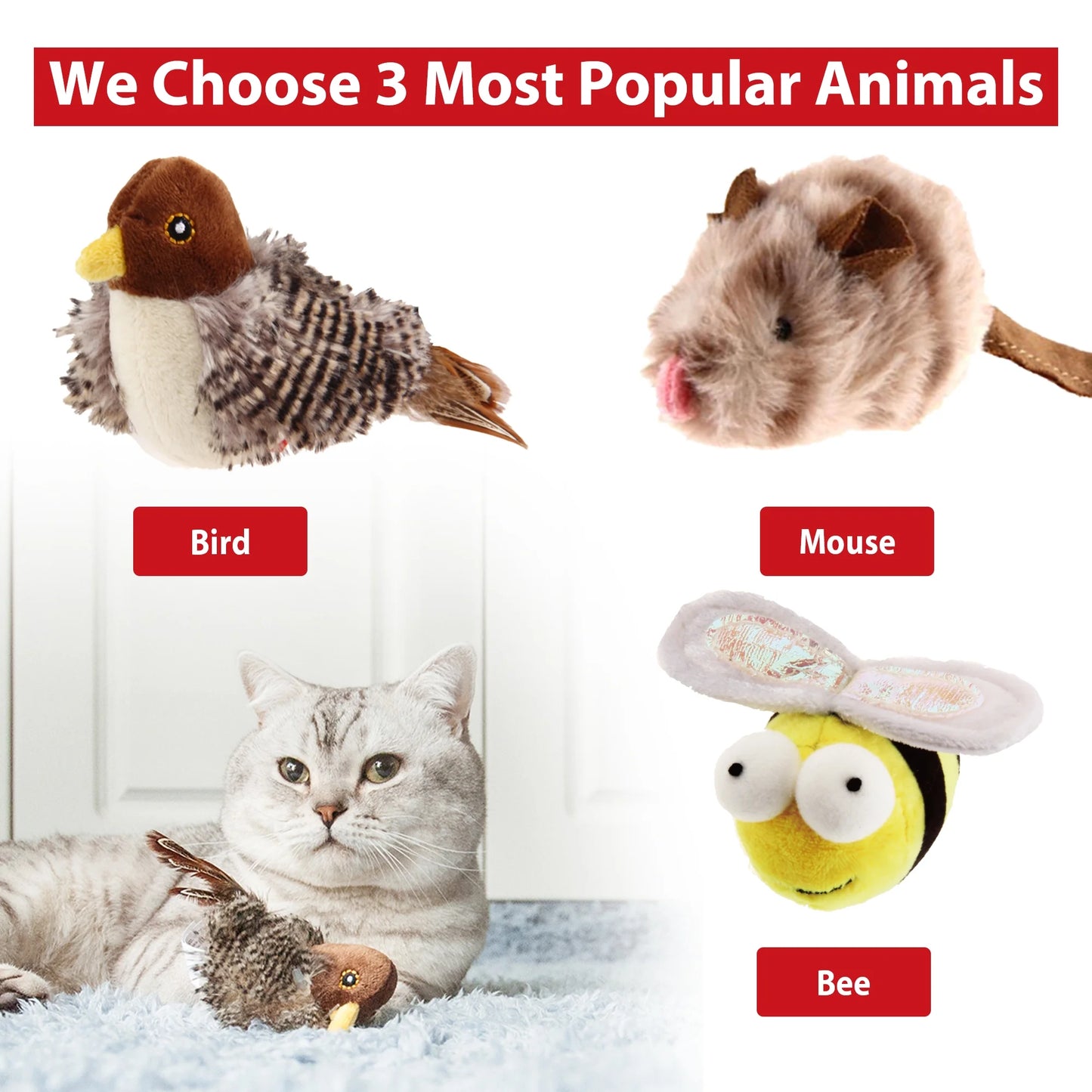 Gigwi Interactive Cat Toys Animal Sound Bird/Mouse/Bee Interactive Squeaking Cat Toys Melody Chaser & Toys for Cats to Play Alone, Play and Squeak Kitten Toys for Boredom