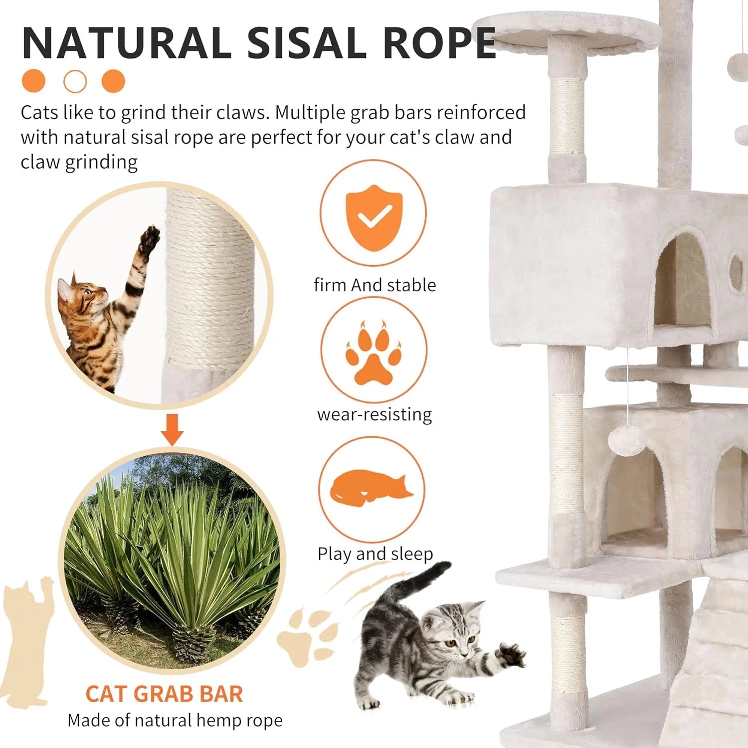 60In Cat Tree Tower, Scratch Posts, Condo, Toys,Perfect for Active Cats,Beige