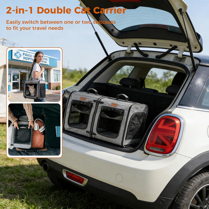 2-In-1 Double Cat Carrier with Play Tunnels - Portable, Breathable, Soft Cat Travel Carrier with Litter Box and Hammock for 2 Cats, Ideal for Long Car Trips and Vet Visit (32"X13"X17", Grey)