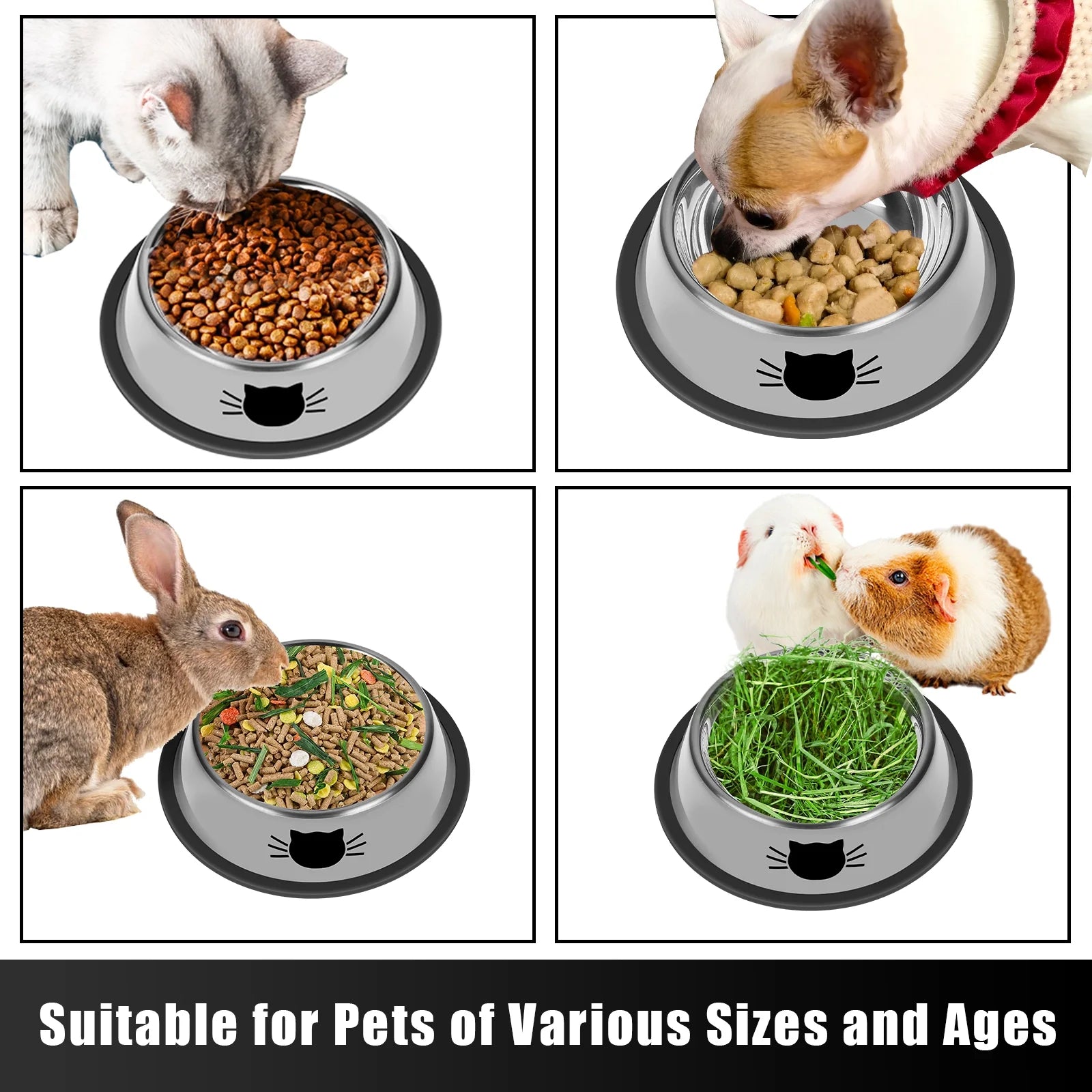 2Pcs Non-Slip Stainless Steel Small Cat Food Bowls - Unbreakable, Thicken 13 Oz Cat Dishes - Indoor, Removable Rubber Base, Easily Clean, Lovely Color