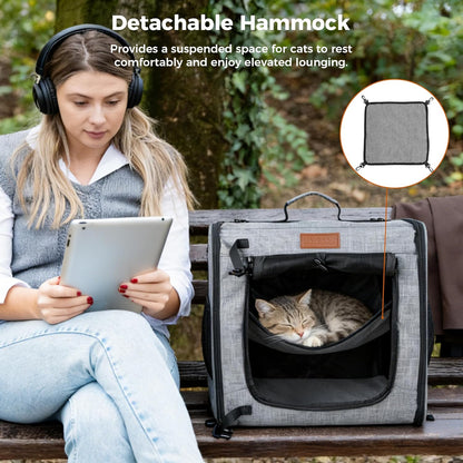 2-In-1 Double Cat Carrier with Play Tunnels - Portable, Breathable, Soft Cat Travel Carrier with Litter Box and Hammock for 2 Cats, Ideal for Long Car Trips and Vet Visit (32"X13"X17", Grey)