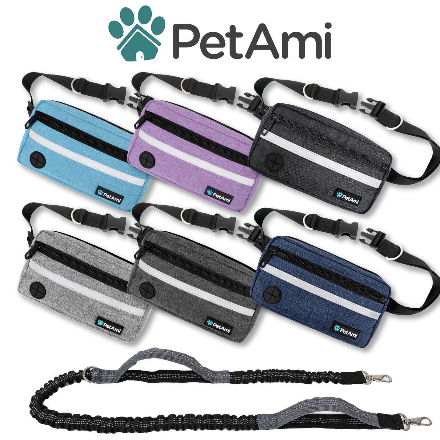 Hands Free Dog Leash, Dog Running Leash Belt for Walking Jogging, Dog Waist Zipper Pouch Fanny Pack with Poop Bag Dispenser, Dual Padded Handle Bungee Leash for Small Medium Large Dogs, Single