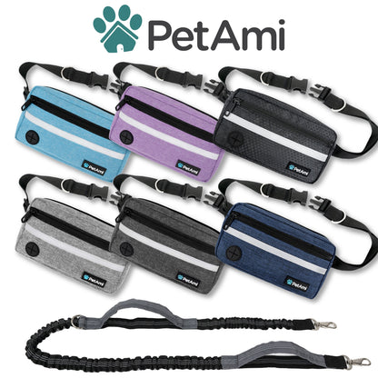 Hands Free Dog Leash, Dog Running Leash Belt for Walking Jogging, Dog Waist Zipper Pouch Fanny Pack with Poop Bag Dispenser, Dual Padded Handle Bungee Leash for Small Medium Large Dogs, Single