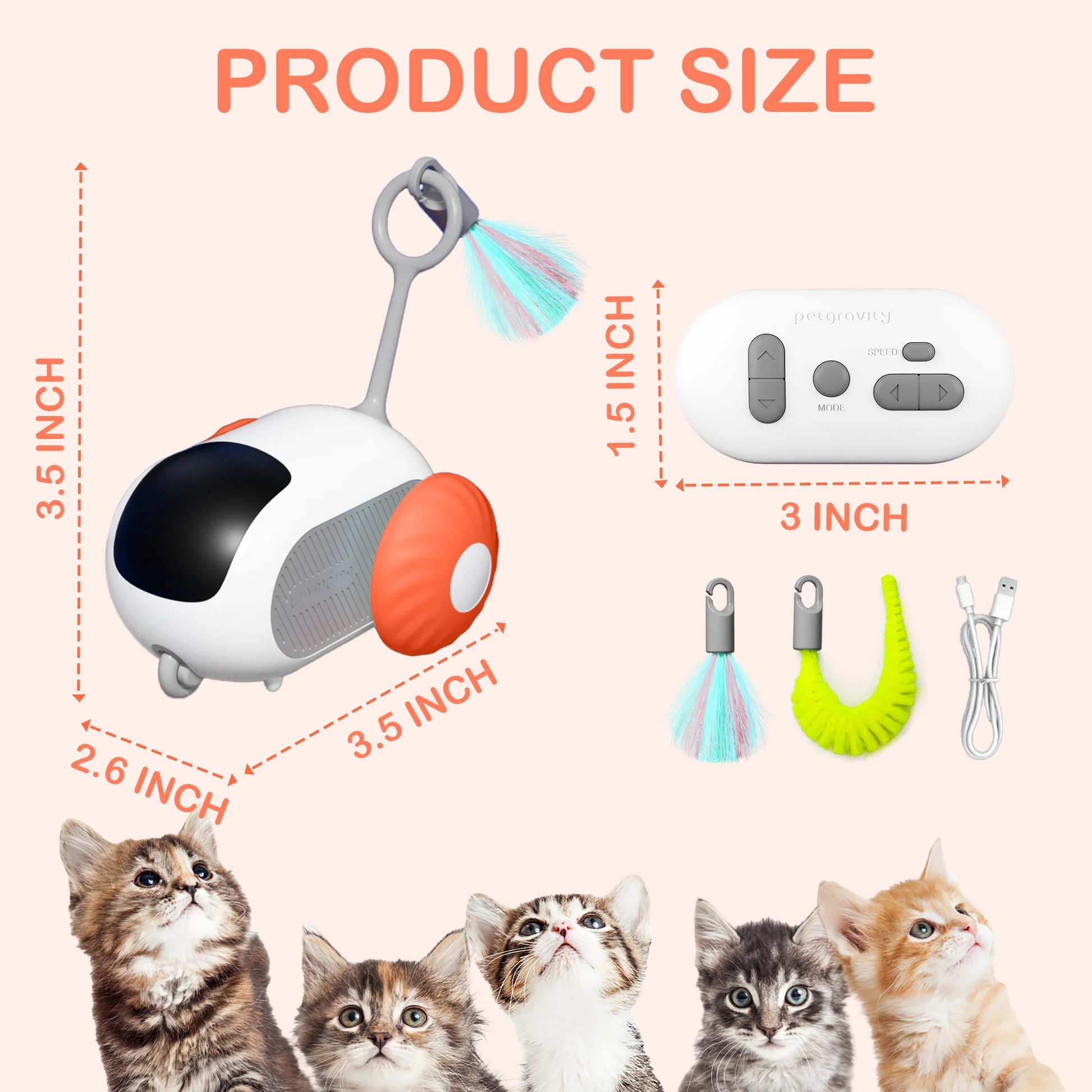 Interactive Cat Toys for Indoor Cats 2-Speed Automatic Moving Remote Control Smart Cat Rechargeable Toy with Feathers, Orange