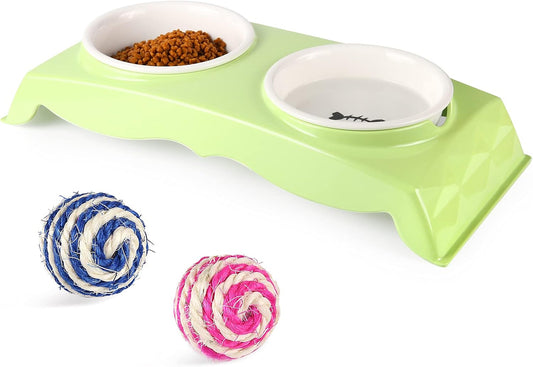 Elevated Cat Bowls Food and Water Bowl Set with 2 Cat Toy Balls for Cats & Small Dogs Pet Double Bowls Spill Proof Stress Free Feeding Pet Dish ，Dishwasher and Microwave Safe (Green)