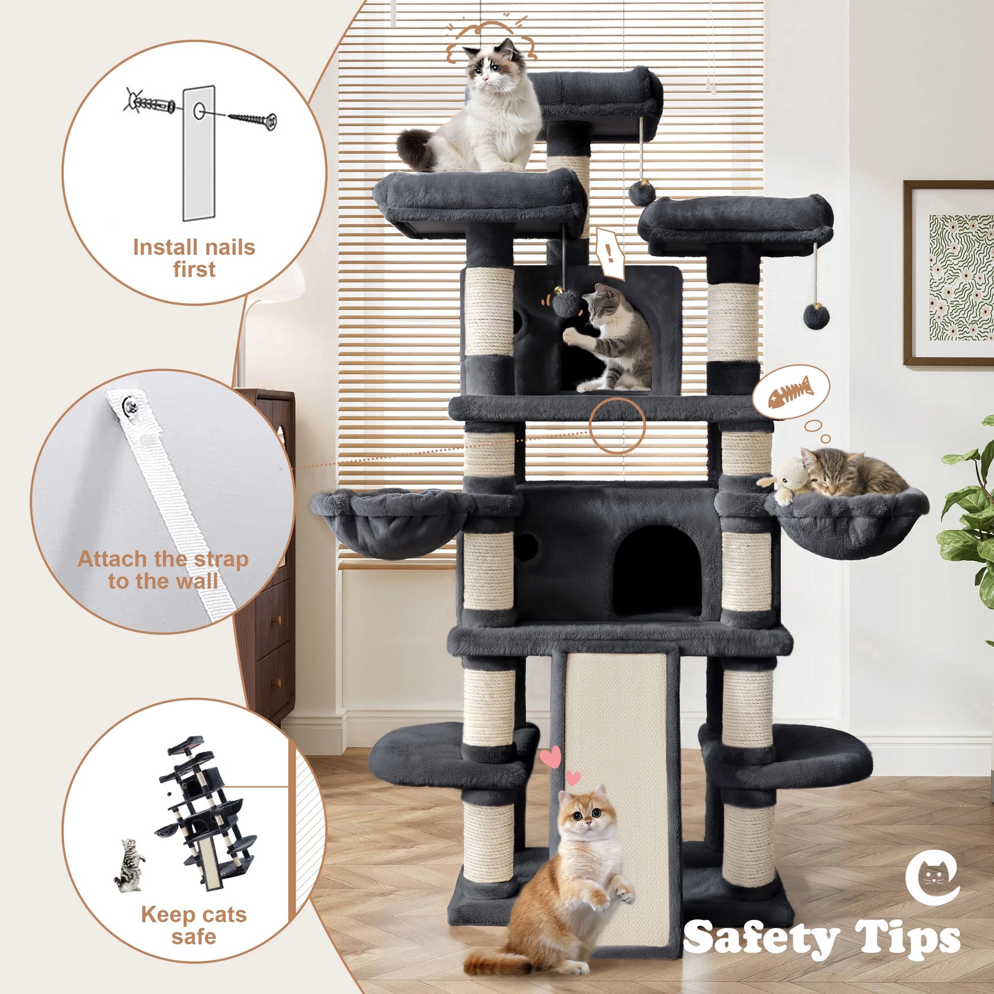 68" X-Large Cat Tree and Tower for Indoor Cats, Condo House with Scratching Board & Thick Posts, Dark Blue