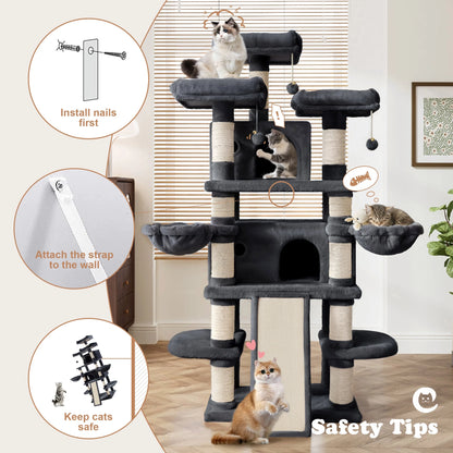 68" X-Large Cat Tree and Tower for Indoor Cats, Condo House with Scratching Board & Thick Posts, Dark Blue