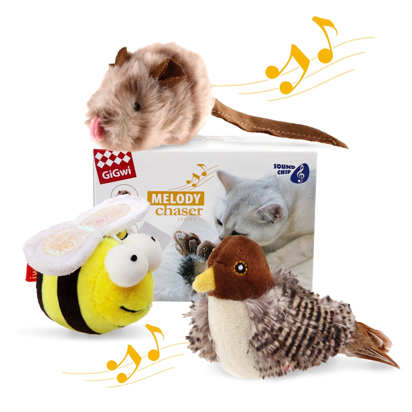 Gigwi Interactive Cat Toys Animal Sound Bird/Mouse/Bee Interactive Squeaking Cat Toys Melody Chaser & Toys for Cats to Play Alone, Play and Squeak Kitten Toys for Boredom