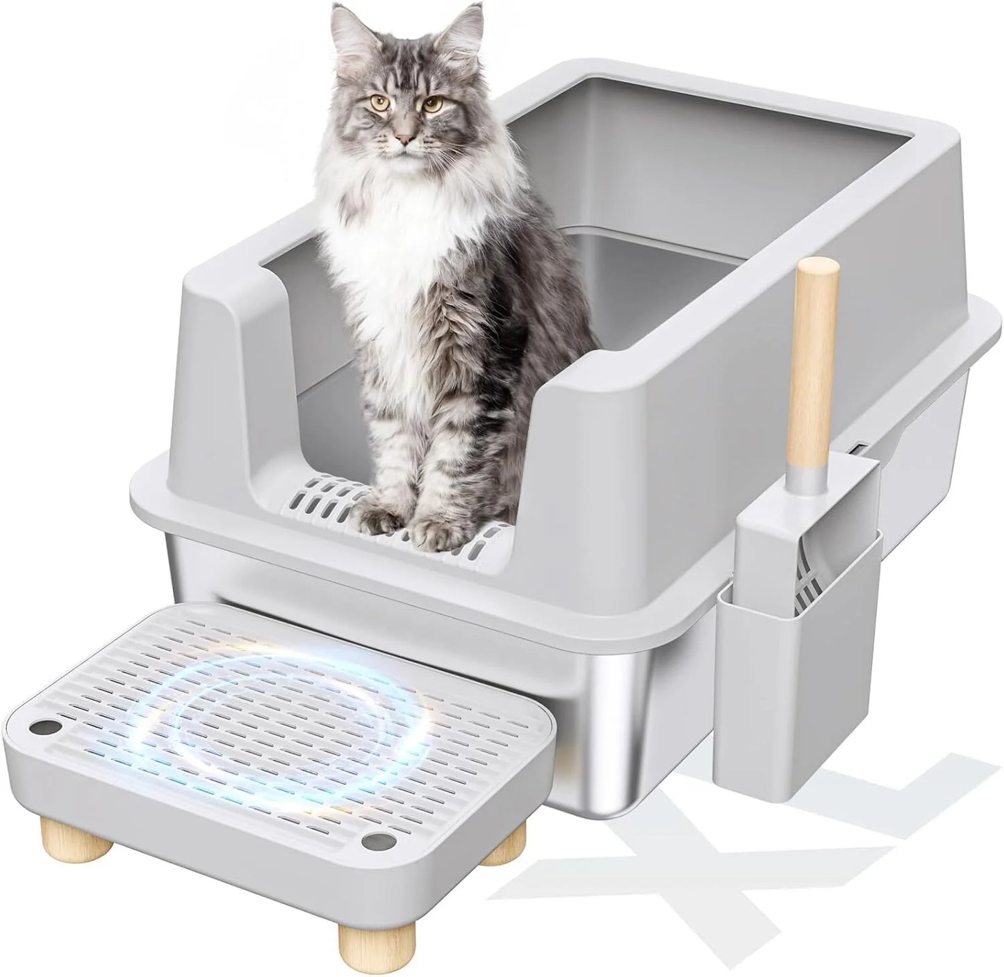 Enclosed Stainless Steel Cat Litter Box with Lid Extra Large Litter Box for Big Cats XL Metal Litter Pan Tray with High Wall Sides Enclosure, Non-Sticky, Anti-Leakage, Easy Cleaning