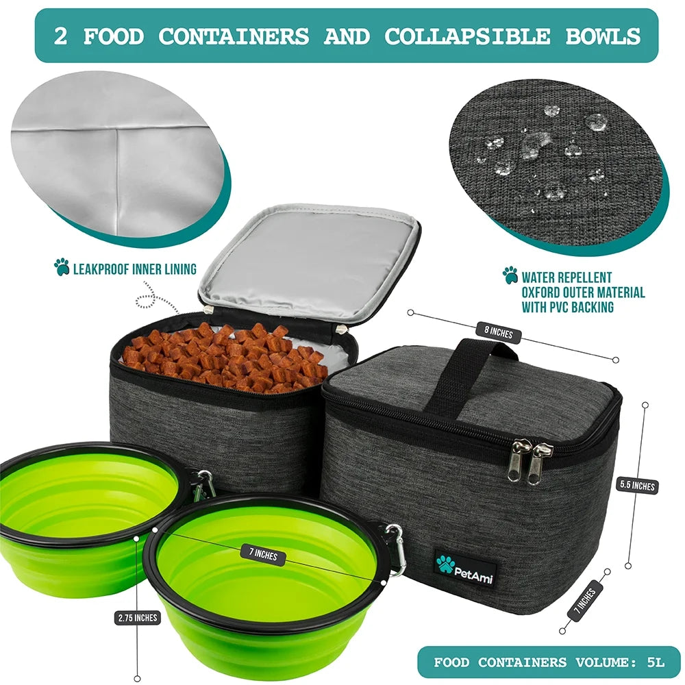 Dog Travel Bag, Travel Pet Bag Organizer, Dog Food Travel Bag with Food Container and Bowls, Dog Travel Supplies Gift Accessories for Weekend Camping, Dog Cat Diaper Bag (Charcoal, Large)
