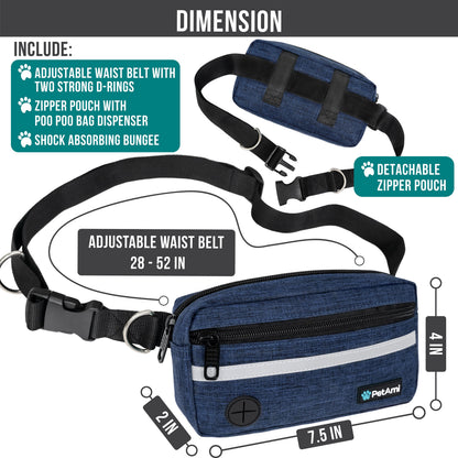 Hands Free Dog Leash, Dog Running Leash Belt for Walking Jogging, Dog Waist Zipper Pouch Fanny Pack with Poop Bag Dispenser, Dual Padded Handle Bungee Leash for Small Medium Large Dogs, Single