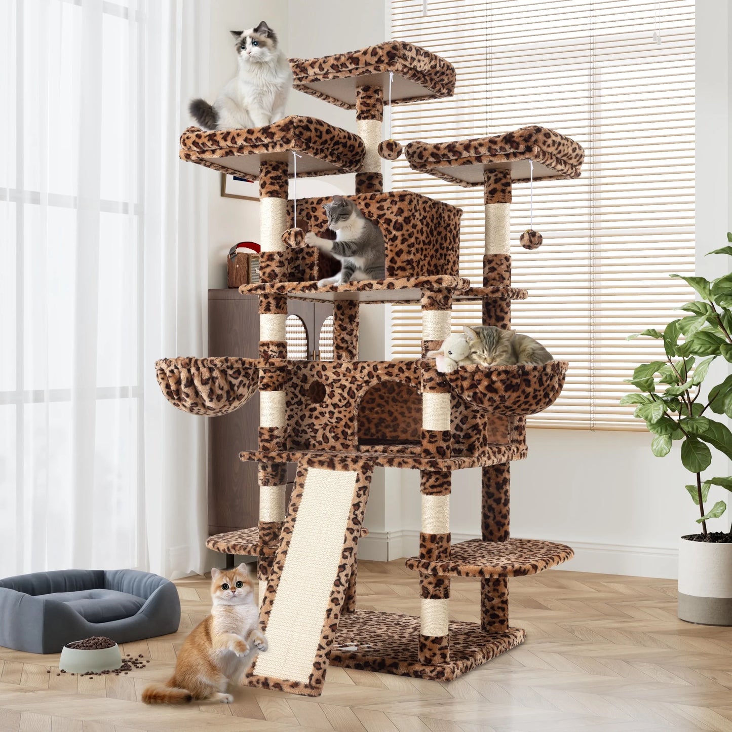 68" X-Large Cat Tree and Tower for Indoor Cats, Condo House with Scratching Board & Thick Posts, Leopard Print