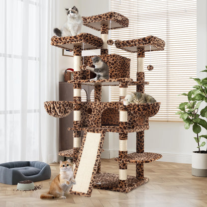 68" X-Large Cat Tree and Tower for Indoor Cats, Condo House with Scratching Board & Thick Posts, Leopard Print