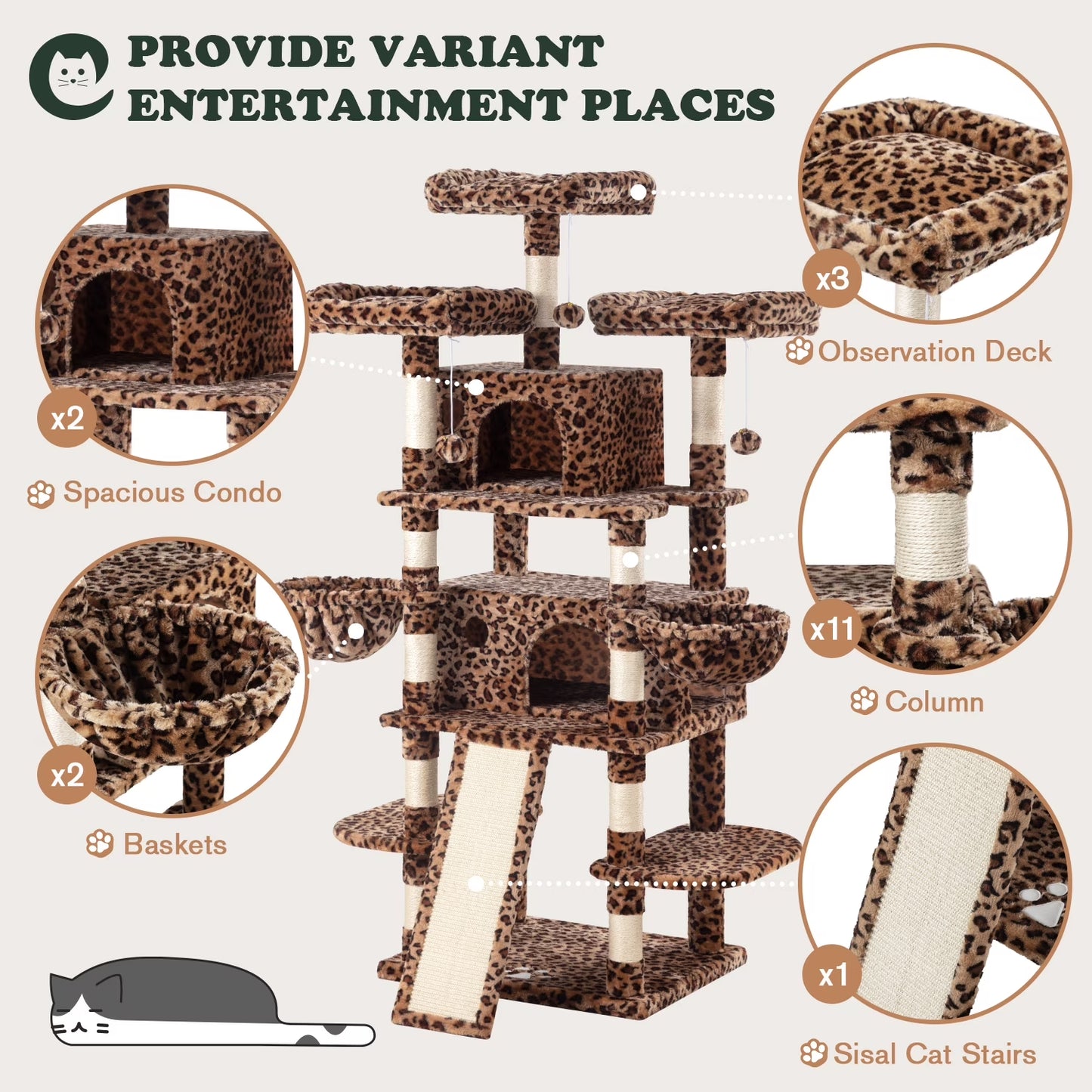 68" X-Large Cat Tree and Tower for Indoor Cats, Condo House with Scratching Board & Thick Posts, Leopard Print