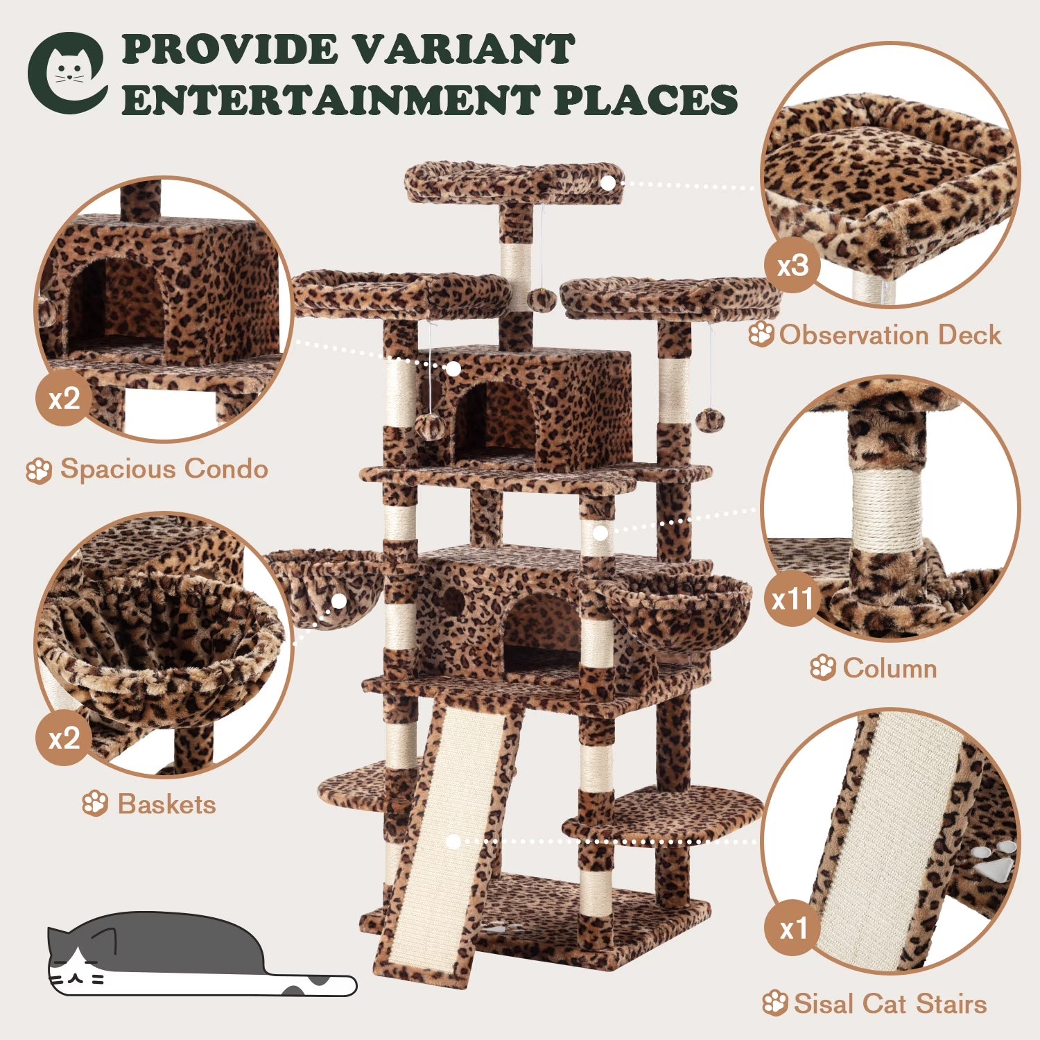 68" X-Large Cat Tree and Tower for Indoor Cats, Condo House with Scratching Board & Thick Posts, Leopard Print