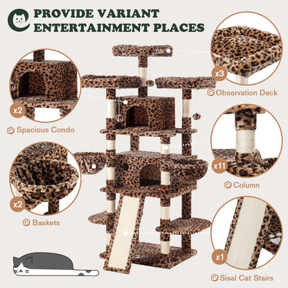 68" X-Large Cat Tree and Tower for Indoor Cats, Condo House with Scratching Board & Thick Posts, Leopard Print