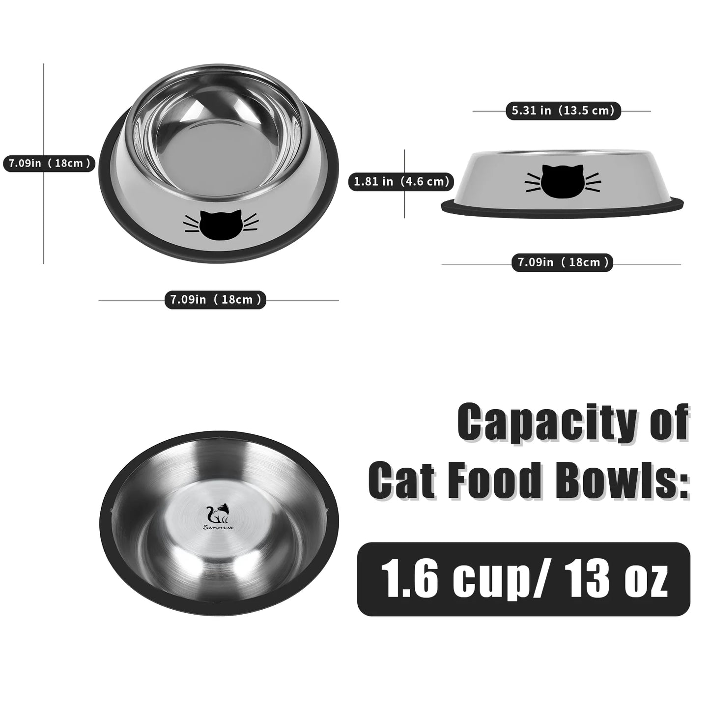 2Pcs Non-Slip Stainless Steel Small Cat Food Bowls - Unbreakable, Thicken 13 Oz Cat Dishes - Indoor, Removable Rubber Base, Easily Clean, Lovely Color