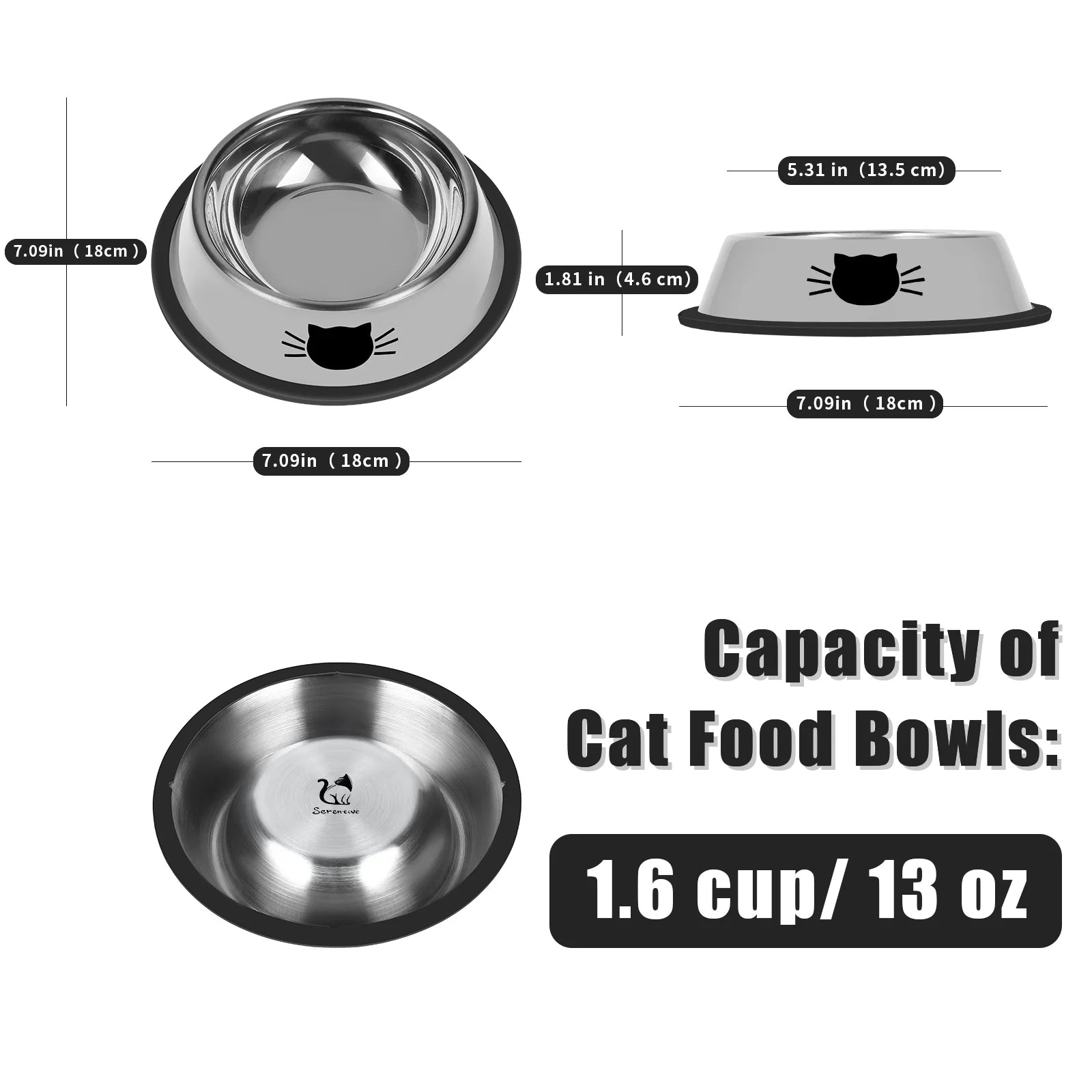 2Pcs Non-Slip Stainless Steel Small Cat Food Bowls - Unbreakable, Thicken 13 Oz Cat Dishes - Indoor, Removable Rubber Base, Easily Clean, Lovely Color