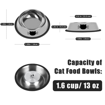 2Pcs Non-Slip Stainless Steel Small Cat Food Bowls - Unbreakable, Thicken 13 Oz Cat Dishes - Indoor, Removable Rubber Base, Easily Clean, Lovely Color